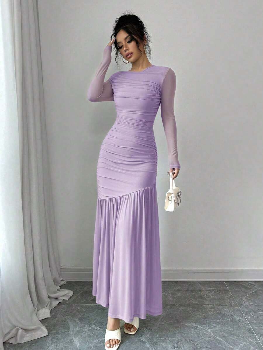 Vestido largo de manga larga con cuello redondo y malla para mujer, vestido casual de otoño.Adecuado para ropa de otoño, atuendo de regreso a clases, atuendo de maestro - Lila Púrpura - Ver 1