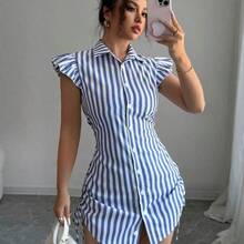 Vestido camisa elegante de vacaciones con mangas acampanadas, cintura fruncida y rayas azules - Amarillo - Ver 7
