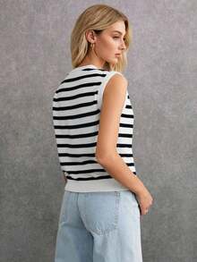 Cárdigan sin mangas casual de invierno para mujer con estampado de rayas, un esencial de estilo chic effortless - Blanco y Negro - Ver 7