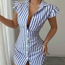 Vestido camisa elegante de vacaciones con mangas acampanadas, cintura fruncida y rayas azules - Amarillo - Ver 8