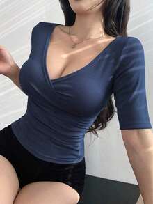 Camiseta de mujer con cuello en V ajustada y sexy, tops para salir en primavera/verano - Azul marino - Ver 5