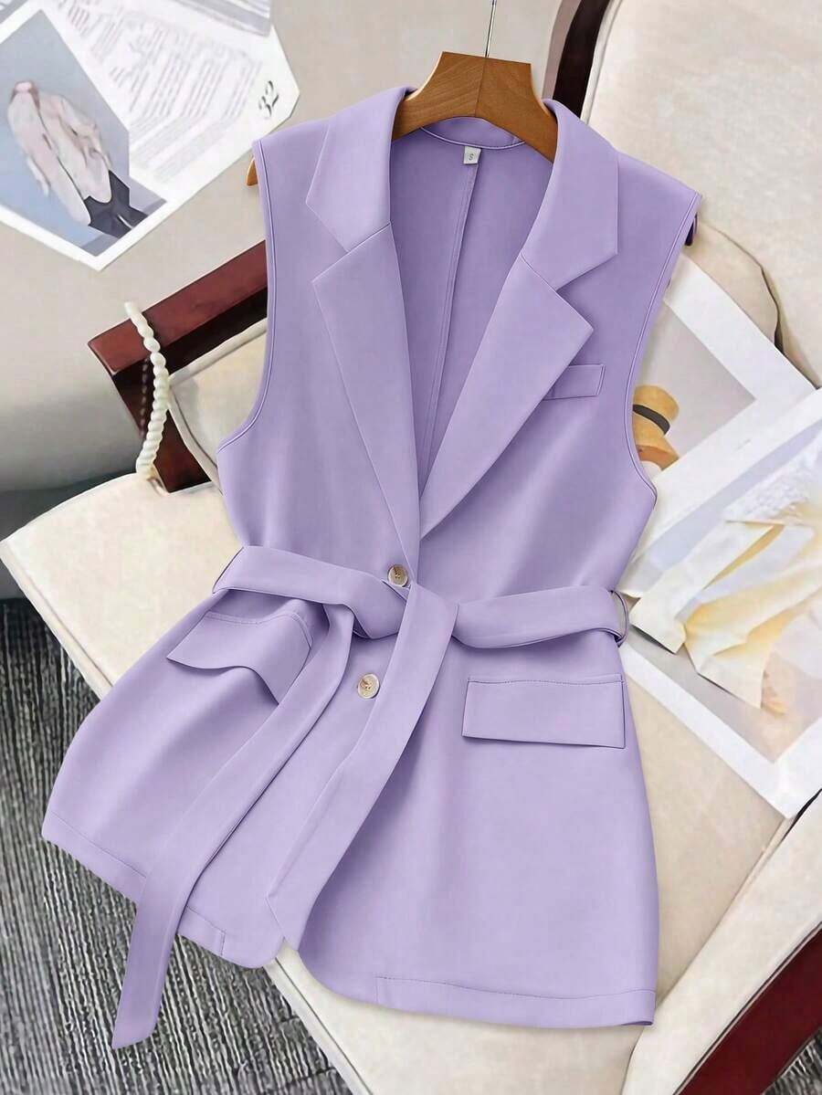 Chaqueta de chaleco casual y holgada de unicolor con solapa, para la temporada de otoño - Morado - Ver 1