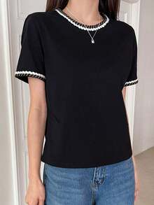 Camiseta De Manga Abullonada Con Ribete De Contraste - Negro - Ver 11