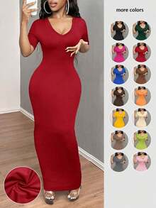 Vestido ajustado corto de manga corta con cuello en V liso para baile de graduación - Burdeos - Ver 10