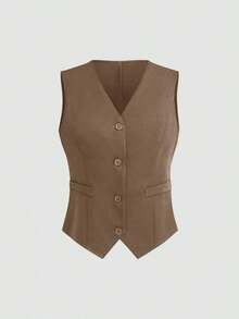 Chaleco de traje casual con cuello en V y abotonadura sencilla para mujer, de color liso - Camel - Ver 8