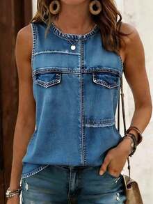 de mujer talla grande con estampado floral y cuello redondo, cómoda blusa de tirantes de cuello redondo casual, adecuada para uso diario en verano - Multicolor 3 - Ver 5