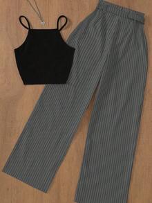 Conjunto elegante de top sin mangas casual/de oficina/de jardín con cinturilla a rayas y pantalones a rayas para mujer, para primavera/verano - Gris y negro - Ver 2