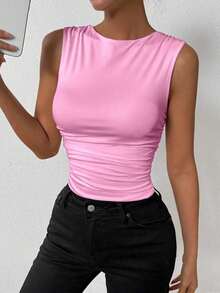 Top ajustado de mujer con cuello redondo y plisado en unicolor - Rosa - Ver 1