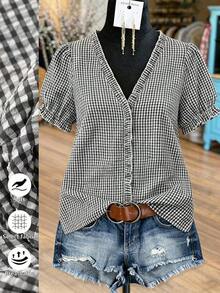 Blusa casual con cuello en V, volantes y mangas de pétalos acanalados para tallas grandes - Blanco y Negro - Ver 5