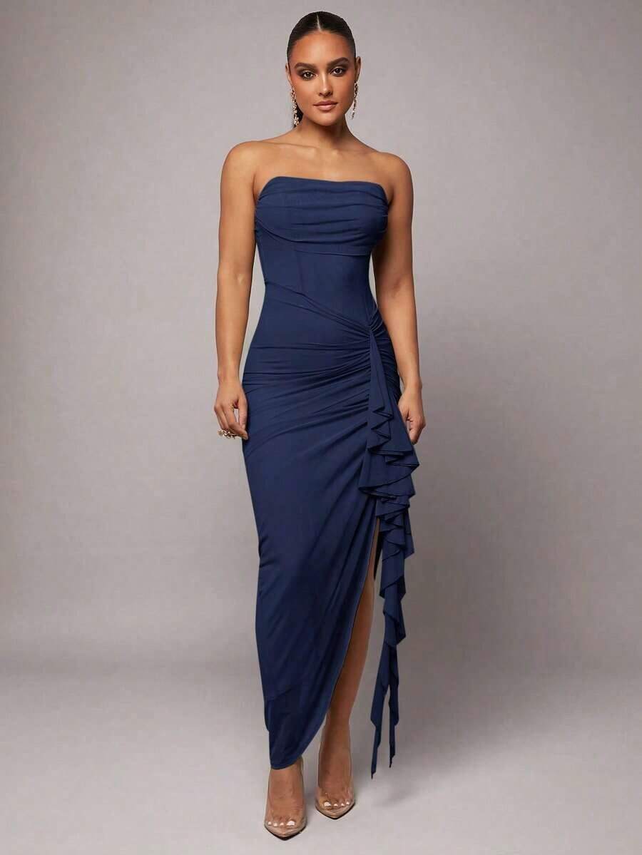 Vestido elegante de primavera y verano temprano con estampado floral verde, cuello fruncido, manga abullonada y abertura alta, también adecuado para el Día de San Valentín, citas, ocasiones románticas;talla grande vestido ajustado de encaje para mujeres, vestido para el Día de San Valentín, vestido de fiesta, vestido para citas románticas, vestido de dama de honor, vestido de noche, vestido para el trabajo, vestido de cumpleaños, vestido de noche elegante para mujeres, vestidos elegantes para mujeres, vestidos para mujeres, vestidos de fiesta para mujeres, vestidos formales para mujeres, vestidos de verano para mujeres - Azul marino - Ver 1