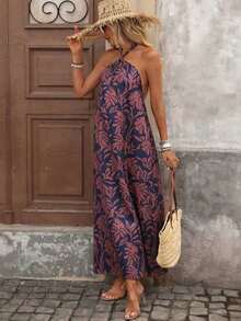 Vestido con estampado, corte con abertura alta, espalda descubierta, atar al cuello y flecos para mujer, vacaciones - Azul - Ver 11
