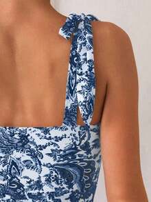 Swim Basics 1 pieza Traje de baño de una sola pieza con estampado sólido y floral y tirantes de espagueti anudados para mujer - Azul marino - Ver 5