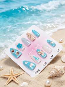 10件海洋風假指甲 - 淺藍色3D貝殼 & 水母設計，可重複使用DIY夏季海灘指甲，適用於女性 - 淺藍色 - 查看 7