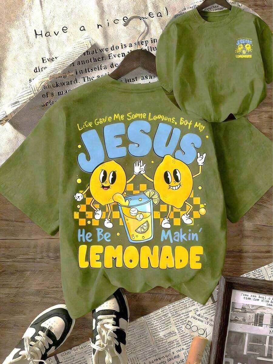 [% Cotton] TaggedThreads Jesus Lemonade T-Shirt, But My Jesus Is Making Lemonade, Women's Graphic Tee, Casual Short Sleeve Crew Neck T-Shirt, Comfortable Summer, Autumn And Winter Styles - Unisex Everyday Wear For Women And Men For Campus - 綠色 - 查看 1
