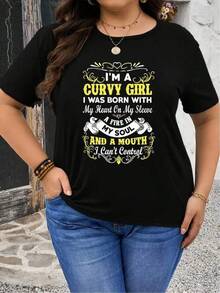 New 2026 Women's T-Shirts, Couple T-Shirts. Unique And Modern Women's T-Shirt With A Striking Design That Says "I'm A Curvy Girl, Born With My Heart On My Sleeve, A Fire In My Soul, And A Mouth I Can't Control." Perfect For A Y2K Look, It Highlights Your Style And Personality. Ideal For Any Occasion. - 黑色 - 查看 1