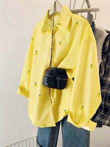 Blusa holgada de manga larga casual para mujer con estampado de rayas de limón en todo el diseño, fresco y ligero, estilo INS.Adecuado como regalo para mejores amigas y novias.Apropiado para otoño e invierno, temporada de graduación, regreso a clases, así como atuendos diarios de maestras.Conjunto de sudaderas de regreso a clases en otoño. - Multicolor - Ver 5