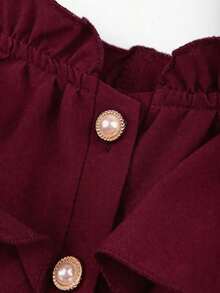 Blusa de hombros descubiertos con botones frontales y volantes de unicolor simple, para verano - Burdeos - Ver 4