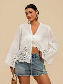 Camisa casual versátil de uso diario con estampado floral y nudo delantero para mujer de talla grande - Blanco - Ver 9