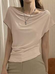 Camiseta de manga corta ajustada con cuello asimétrico y fruncido, de unicolor, para salir, para mujer de verano - Blanco 2 - Ver 8