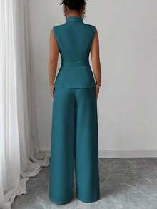 Conjunto de oficina elegante para mujer, compuesto por una chaqueta blazer sin mangas con cuello y bajo asimétrico, con hebilla metálica en la cintura, combinada con pantalones de cintura elástica.Conjunto de 2 piezas elegante para primavera/verano, atuendo formal y de clase para mujer. - Agua verde azul - Ver 2