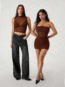 Vestido mini tubo negro sexy ajustado con pliegues y malla de unicolor para mujer - Marrón - Ver 8