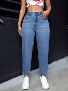 Pantalones vaqueros informales de mujer con bolsillos de forma cónica y multiusos - Azul lavado medio 2 - Ver 6