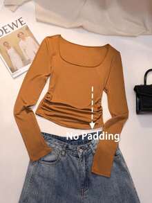 Top de manga larga de base cómodo y elegante con cuello cuadrado y ajuste ceñido, para otoño/invierno - Marrón - Ver 6