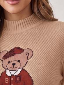 Women's Bear Modal Knit Sweater, Teddy Bear Design, Long Sleeve, High Neck, Casual Ribbed Knit, Autumn/Winter Style. - Navy Blue - View 6