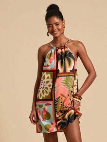 Vestido corto holgado con hombros al descubierto y estampado tejido para mujeres para vacaciones - Multicolor 3 - Ver 2