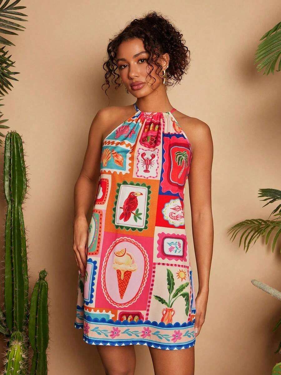 Vestido corto holgado con hombros al descubierto y estampado tejido para mujeres para vacaciones - Multicolor 9 - Ver 1