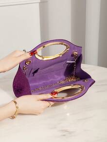 Cartera de Fiesta Dorada con Pedrería Brillante y Asa Metálica Circular, Clutch de Mano Elegante para Boda Cena y Eventos Especiales Moda Mujer - Negro - Ver 11