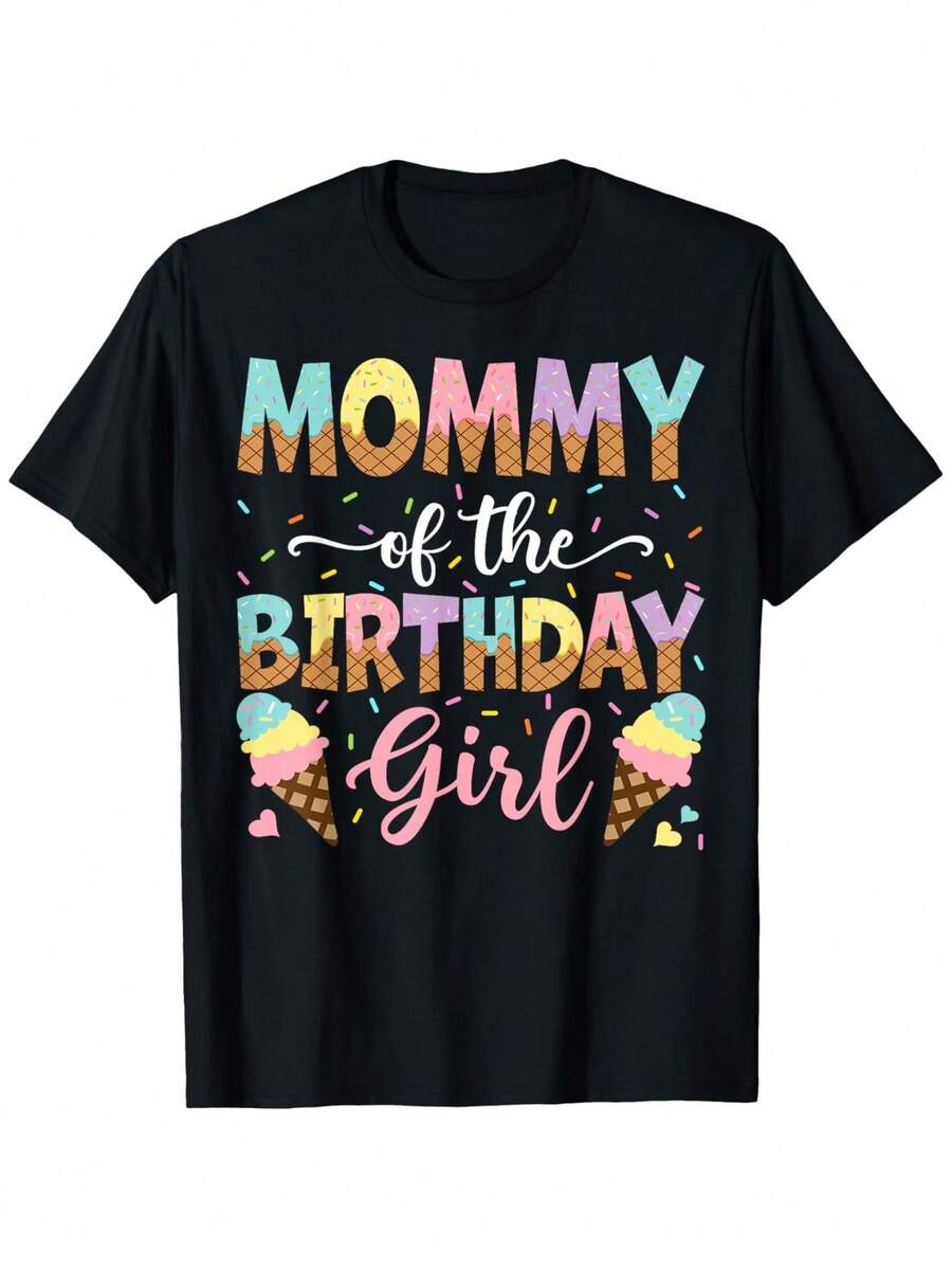Unisex Ice Cream Print T-Shirt For Ice Cream Lovers - 100% Cotton, Soft Crew Neck, Casual Style, Ideal Gift For Parents On Birthdays, Ramadan, Valentine's Day - Machine Washable Unisex Garment With Ice Cream Print - 黑色 - 查看 1