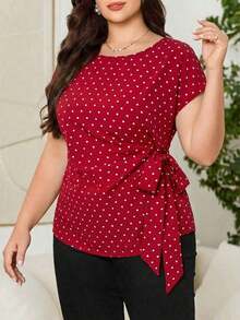 Camisa casual de manga corta con diseño plisado y teñido anudado para mujer de talla grande, adecuada para vacaciones, fiestas y salidas - Rojo - Ver 9
