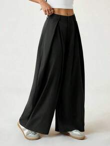 Pantalones anchos de verano con dobladillo curvo verde, estilo vintage, casual y para salir - Negro 3 - Ver 4