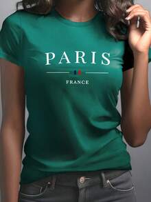 Women's Paris, France Graphic T-Shirt - Green Short Sleeve Casual Crew Neck Tee With Eiffel Tower And French Flag Design, Comfortable Medium Elastic Fit For Casual Wear, Women's T-Shirts - 白色 - 查看 3