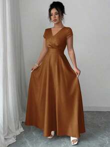 Vestido elegante y romántico para mujeres con cuello en V, mangas cortas y cintura ceñida - Café integral - Ver 4