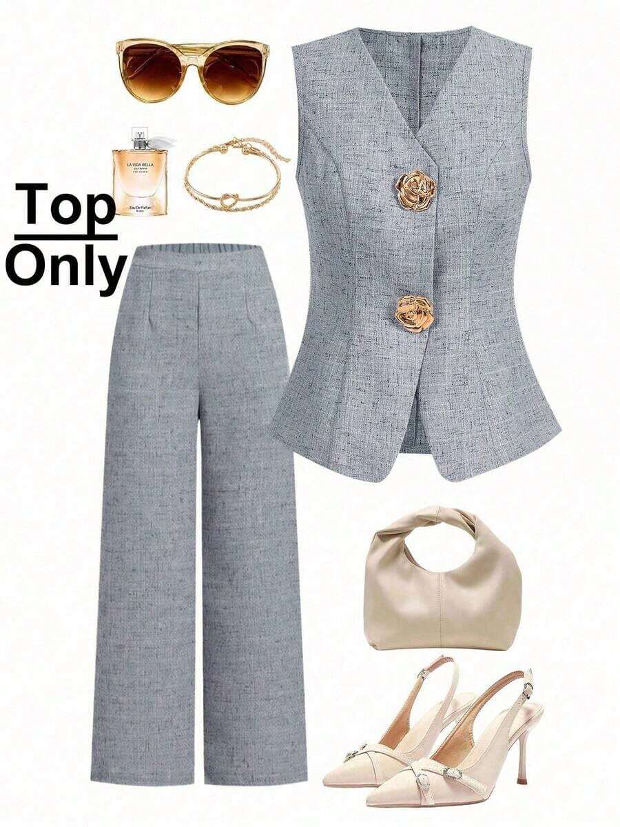 Blusa sin mangas con botones de metal en forma de rosa, estilo francés, para uso casual y de oficina, blusa de verano de alta gama - Azul - Ver 1