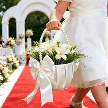 Elegant Flower Girl Basket For Wedding Satin Flower Petal Basket With Pearl Hand Grip And Bow Accents - Pearl Bow Flower Basket - View 9