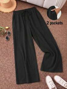 Pantalones casuales de negocios de primavera/verano para mujer de talla grande, adecuados para ocasiones como el Día de San Valentín, viajes al trabajo de moda, con bolsillos.Vacaciones en la playa, adecuados para estudiantes universitarios, Día de San Valentín, viajes en crucero, etc.Pantalones sueltos/de pierna ancha de verano, pantalones casuales para mujer de talla grande. - Negro - Ver 3