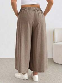 Pantalones/faldas cortas plisadas de cintura elástica, cómodos y sueltos, de estilo básico y versátil, para uso diario, que estilizan la figura, en color albaricoque, para mujeres de talla grande, para primavera/verano - Caqui 3 - Ver 8