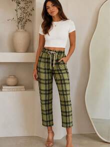 Pantalón Corto pierna recta Cuadros Dama Mujer Casual de Uso Diario Con Bolsas y Cintura Ajustable - Verde - Ver 6