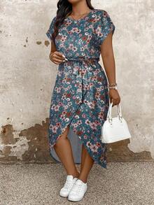 Vestido casual de talla grande para mujer con cuello redondo, manga corta tipo murciélago y bajo asimétrico.Vestido largo de verano para mujer - Multicolor 4 - Ver 3