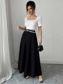YHHRafferiza Petite Vestido midi de mujer con escote cuadrado y mangas cortas con estampadoYHH - Multicolor 5 - Ver 3