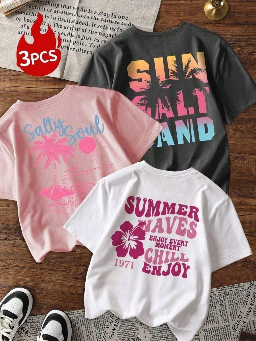 Set Of 3Three Styles Women's Short-Sleeved Round Neck T-Shirts With Letter Print, Palm Trees And Flowers In Eye-Catching Colors, Casual, Versatile And Suitable For Everyday Wear, Holidays And Spring-Summer - 黑色 - 查看 1