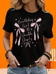 Camiseta de manga corta GraphicLadies para ocio al aire libre y en casa, 220g, camiseta con la frase "Birthday Girl 10 Double Digits Pink Ribbon" para mujer, regalo de celebración, top informal para vacaciones y fiestas al aire libre. - Negro - Ver 6