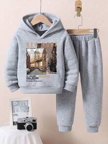 Young Boy Landscape Print Hoodie And Sweatpants Casual Set - Light Grey - View 1