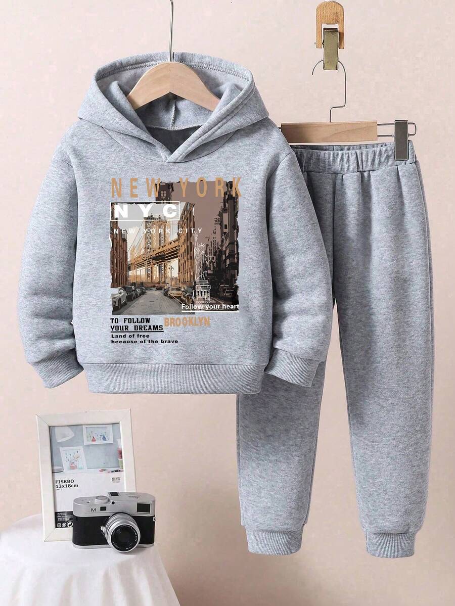 Young Boy Landscape Print Hoodie And Sweatpants Casual Set - Light Grey - View 1