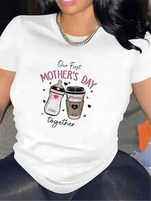 First Mother's Day T-Shirt Together, Round Neck, Elastic, Comfortable And Durable, Bottle And Coffee Cup Print Design, Ideal For Home Or Restaurant Use, Elegant Gift For Mom, Daily Use In All Seasons, Suitable For Spring, Summer And Autumn. - White - View 7