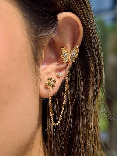 2 piezas Pendientes largos elegantes y lujosos de acero inoxidable chapado en oro de 18K con mariposa, cristal y borla, estilo personalizado y dulce para mujeres