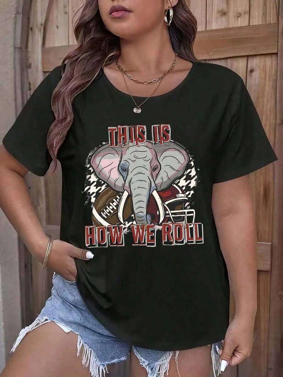 Camiseta Casual con Estampado de Elefante y Balón de Fútbol, Diseño Gráfico, 100% Algodón, Cuello Redondo, Suave y Cómoda, Ideal para Primavera y Verano, Perfecta para Aficionados del Equipo, 100% Algodón, Resistente - Negro - Ver 1
